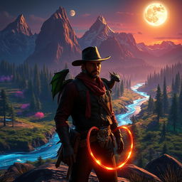 A fantasy reimagining of a Red Dead Redemption 2 setting, featuring a vibrant landscape with towering, mystical mountains in the background, lush enchanted forests, and a winding crystal-clear river illuminated by moonlight