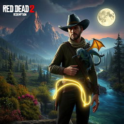 A fantasy reimagining of a Red Dead Redemption 2 setting, featuring a vibrant landscape with towering, mystical mountains in the background, lush enchanted forests, and a winding crystal-clear river illuminated by moonlight