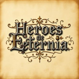 Medieval-themed banner with ornamental lettering that says "Héroes de Eternia", surrounded by mystical motifs