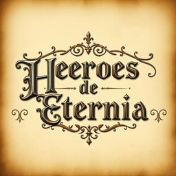 Medieval-themed banner with ornamental lettering that says "Héroes de Eternia", surrounded by mystical motifs