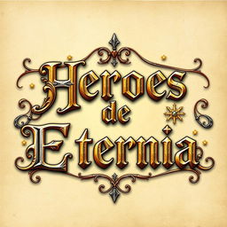 Medieval-themed banner with ornamental lettering that says "Héroes de Eternia", surrounded by mystical motifs