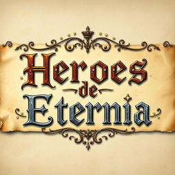 Medieval-themed banner with ornamental lettering that says "Héroes de Eternia", surrounded by mystical motifs