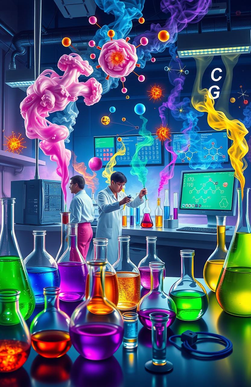 A dynamic and vibrant portrayal of a chemistry laboratory featuring glass beakers, flasks, and bubbling liquids in various colors, scientists in white lab coats conducting experiments, and molecular structures displayed on computer screens