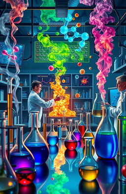 A dynamic and vibrant portrayal of a chemistry laboratory featuring glass beakers, flasks, and bubbling liquids in various colors, scientists in white lab coats conducting experiments, and molecular structures displayed on computer screens