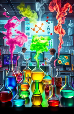 A dynamic and vibrant portrayal of a chemistry laboratory featuring glass beakers, flasks, and bubbling liquids in various colors, scientists in white lab coats conducting experiments, and molecular structures displayed on computer screens