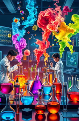 A dynamic and vibrant portrayal of a chemistry laboratory featuring glass beakers, flasks, and bubbling liquids in various colors, scientists in white lab coats conducting experiments, and molecular structures displayed on computer screens