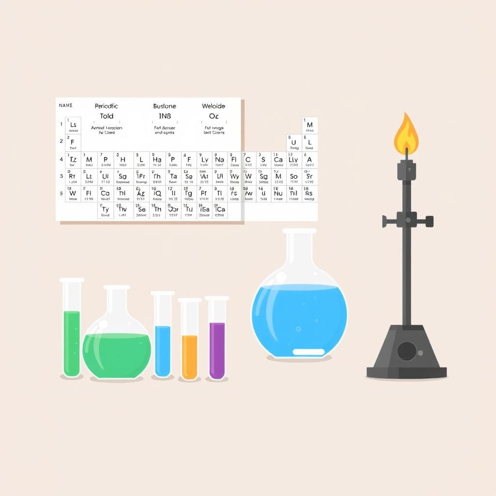 A clean and simple illustration of a chemistry set, including basic glass beakers and test tubes with colored liquids, a Bunsen burner, and a periodic table chart