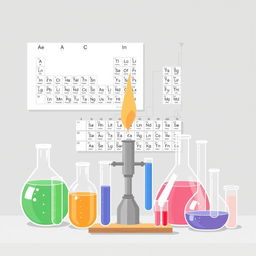 A clean and simple illustration of a chemistry set, including basic glass beakers and test tubes with colored liquids, a Bunsen burner, and a periodic table chart