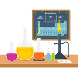 A clean and simple illustration of a chemistry set, including basic glass beakers and test tubes with colored liquids, a Bunsen burner, and a periodic table chart