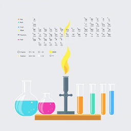 A clean and simple illustration of a chemistry set, including basic glass beakers and test tubes with colored liquids, a Bunsen burner, and a periodic table chart