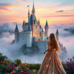 An enchanting castle belonging to a princess, situated atop a hill surrounded by a mystical mist