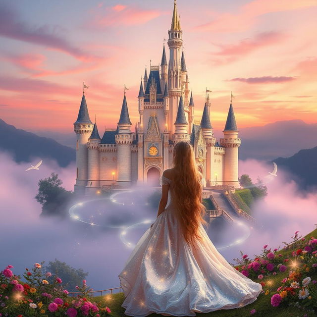 An enchanting castle belonging to a princess, situated atop a hill surrounded by a mystical mist