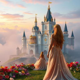 An enchanting castle belonging to a princess, situated atop a hill surrounded by a mystical mist