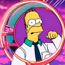 Intense 90s anime-style profile picture of Homer Simpson in the style of Neon Genesis Evangelion, encased within a circular border.