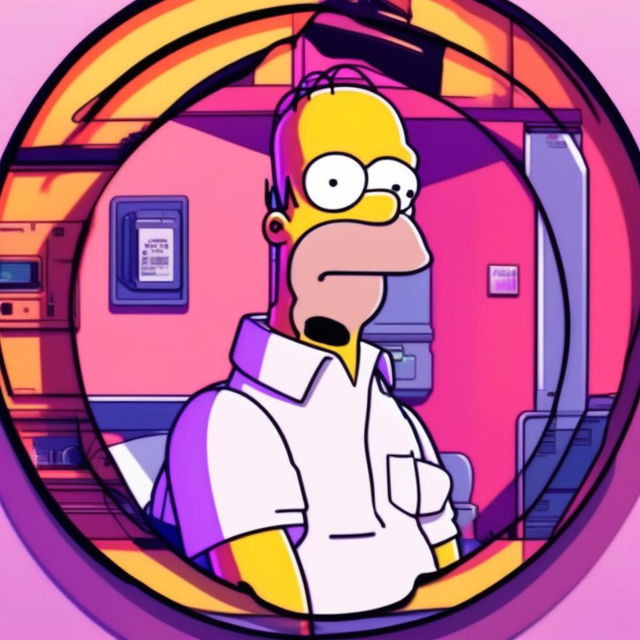 Intense 90s anime-style profile picture of Homer Simpson in the style of Neon Genesis Evangelion, encased within a circular border.