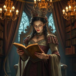Queen Rita, with an air of regal mystery, stands in her opulent throne room, which is dimly lit to enhance the atmosphere of intrigue
