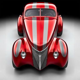 A widebody 1939 Chevrolet Coupe transformed into a supercar, painted in a striking cherry red color with sleek gray stripes