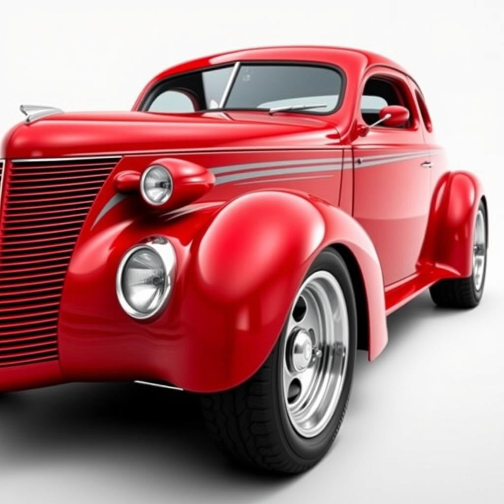 A widebody 1939 Chevrolet Coupe transformed into a supercar, painted in a striking cherry red color with sleek gray stripes