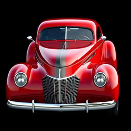 A widebody 1939 Chevrolet Coupe transformed into a supercar, painted in a striking cherry red color with sleek gray stripes