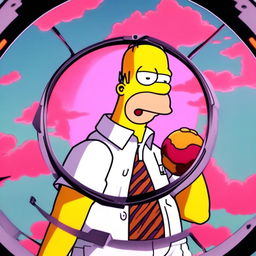 Intense 90s anime-style profile picture of Homer Simpson in the style of Neon Genesis Evangelion, encased within a circular border.