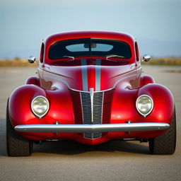 A widebody 1939 Chevrolet Coupe transformed into a supercar, painted in a striking cherry red color with sleek gray stripes