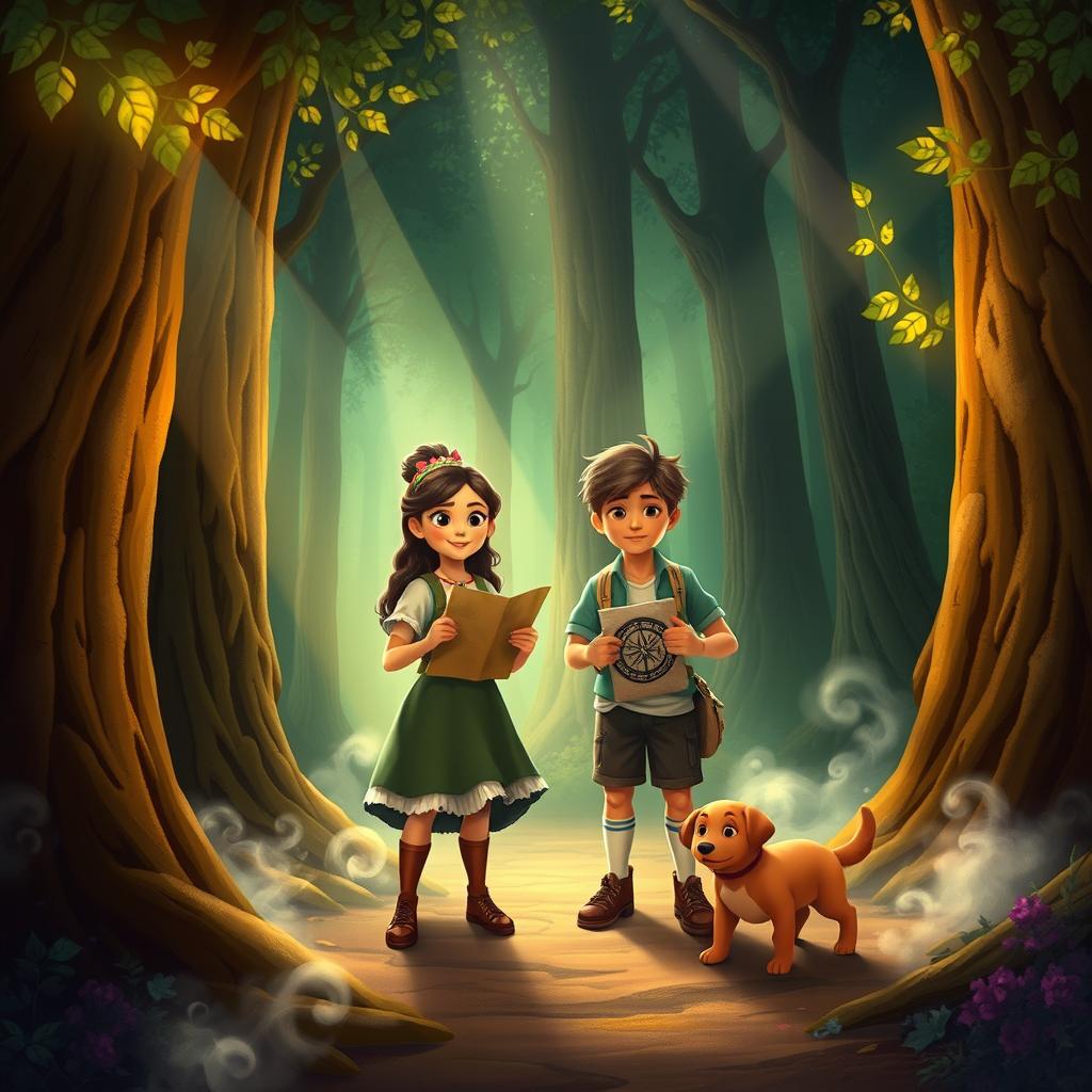 Maria Clara, a determined leader, along with Kira, her resourceful friend, Júlio, the clumsy but well-meaning sidekick, and his mischievous dog Rui, set off on an adventure to find the elusive key in the Enchanted Forest