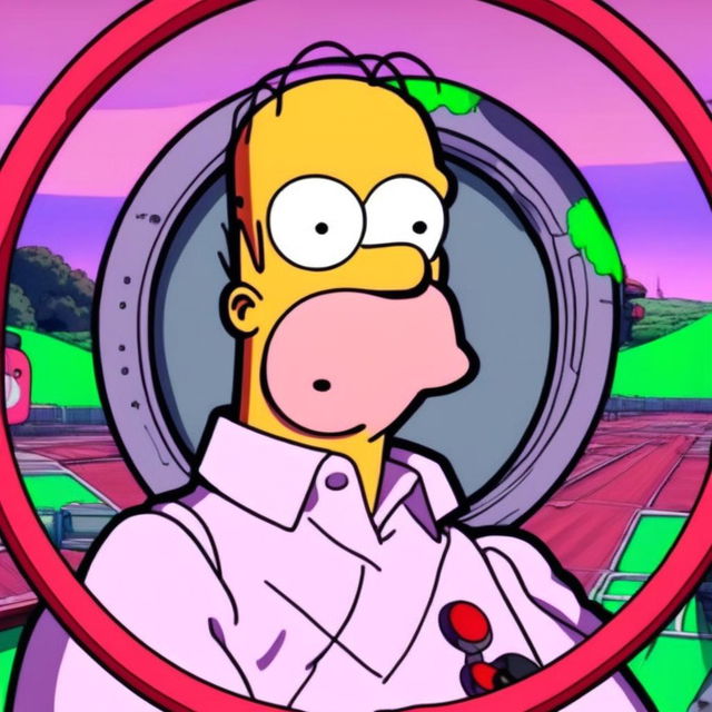 Intense anime-style profile picture of Homer Simpson in the style of Neon Genesis Evangelion with detailed anime eyes, encased within a circular border.