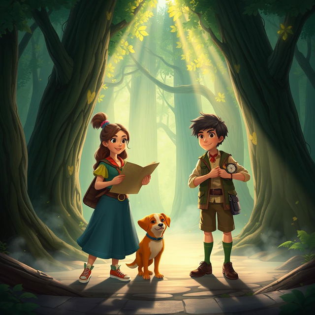 Maria Clara, a determined leader, along with Kira, her resourceful friend, Júlio, the clumsy but well-meaning sidekick, and his mischievous dog Rui, set off on an adventure to find the elusive key in the Enchanted Forest