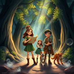 Maria Clara, a determined leader, along with Kira, her resourceful friend, Júlio, the clumsy but well-meaning sidekick, and his mischievous dog Rui, set off on an adventure to find the elusive key in the Enchanted Forest