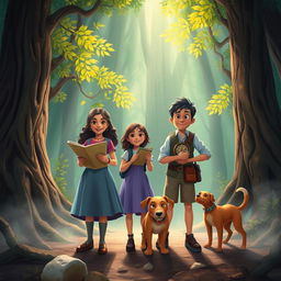 Maria Clara, a determined leader, along with Kira, her resourceful friend, Júlio, the clumsy but well-meaning sidekick, and his mischievous dog Rui, set off on an adventure to find the elusive key in the Enchanted Forest