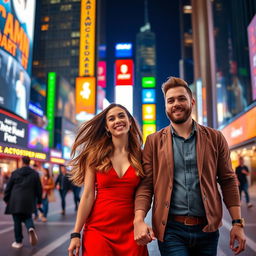 A woman and a man in a vibrant city setting, walking hand in hand through the bustling streets