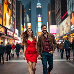 A woman and a man in a vibrant city setting, walking hand in hand through the bustling streets