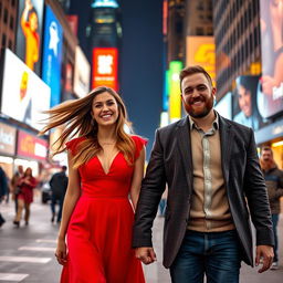 A woman and a man in a vibrant city setting, walking hand in hand through the bustling streets