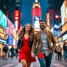 A woman and a man in a vibrant city setting, walking hand in hand through the bustling streets