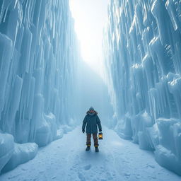 An awe-inspiring ice labyrinth, towering with walls of pristine icicles and frosted translucent ice, stretches endlessly under a pale, ethereal light