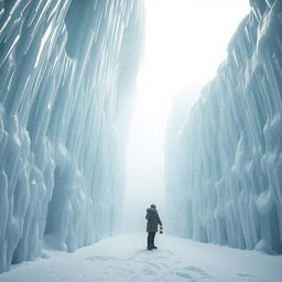 An awe-inspiring ice labyrinth, towering with walls of pristine icicles and frosted translucent ice, stretches endlessly under a pale, ethereal light