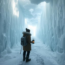 An awe-inspiring ice labyrinth, towering with walls of pristine icicles and frosted translucent ice, stretches endlessly under a pale, ethereal light