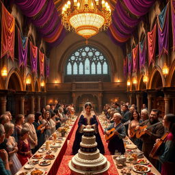 A grand birthday celebration taking place in a majestic castle's grand hall