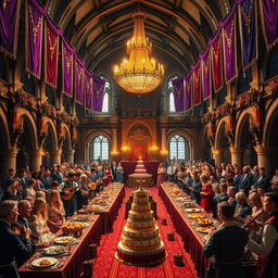 A grand birthday celebration taking place in a majestic castle's grand hall