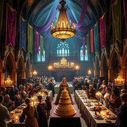 A grand birthday celebration taking place in a majestic castle's grand hall