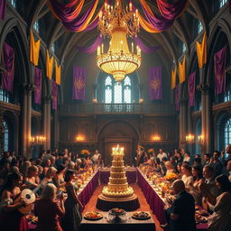 A grand birthday celebration taking place in a majestic castle's grand hall