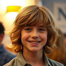 A young person with dark golden hair, smiling, wearing a shirt