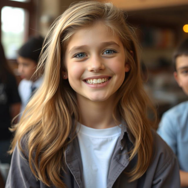 A young person with dark golden hair, smiling, wearing a shirt