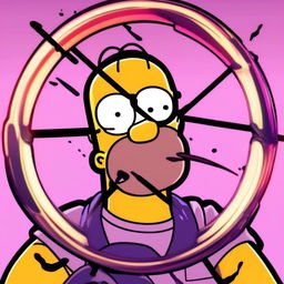 Intense anime-style profile picture of Homer Simpson in the style of Neon Genesis Evangelion with detailed anime eyes, encased within a circular border.