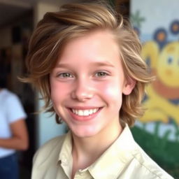 A young person with dark golden hair, smiling, wearing a shirt