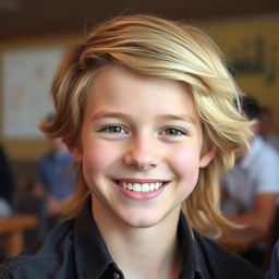 A young person with dark golden hair, smiling, wearing a shirt