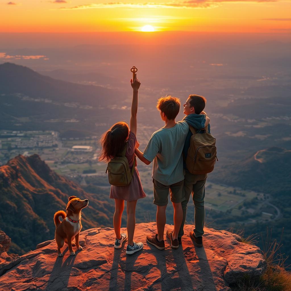 The culmination of a grand adventure, where Maria Clara, Kira, Júlio, and Rui the dog finally stand triumphantly at the edge of a breathtaking vista overlooking the sprawling, enchanted lands they traversed