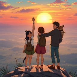 The culmination of a grand adventure, where Maria Clara, Kira, Júlio, and Rui the dog finally stand triumphantly at the edge of a breathtaking vista overlooking the sprawling, enchanted lands they traversed