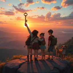 The culmination of a grand adventure, where Maria Clara, Kira, Júlio, and Rui the dog finally stand triumphantly at the edge of a breathtaking vista overlooking the sprawling, enchanted lands they traversed