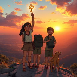 The culmination of a grand adventure, where Maria Clara, Kira, Júlio, and Rui the dog finally stand triumphantly at the edge of a breathtaking vista overlooking the sprawling, enchanted lands they traversed